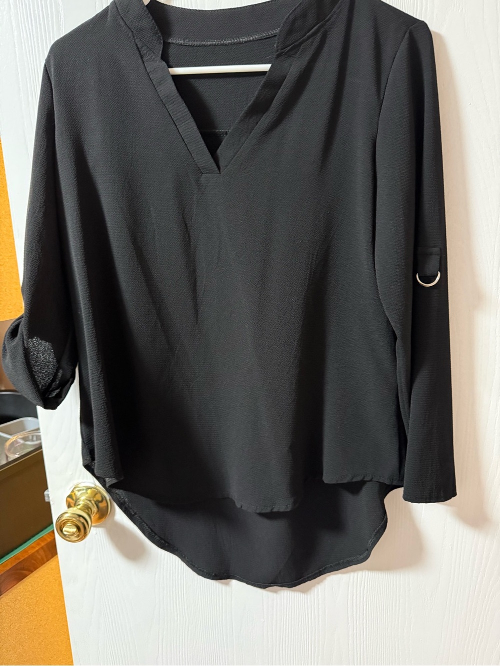 Women's Black V-Neck High-Low Blouse with Roll-Tab Sleeve